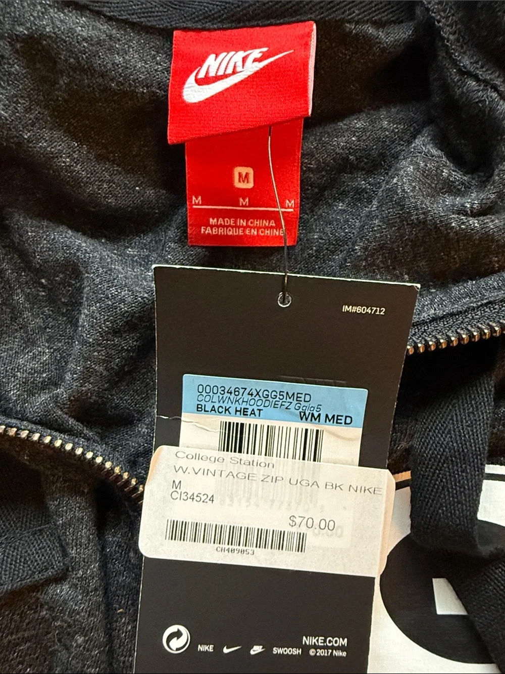 Nike UGA Black Heather Full-Zip Hoodie with Red Swoosh and White Logo